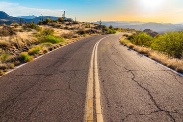 A lonely road winds through the Tonto National Forest in Arizona.