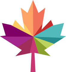 An abstract, coloured and geometric maple leaf on a transparent background, on PNG files