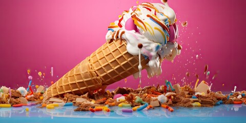 Obraz na płótnie Canvas AI Generated. AI Generative. Fresh ice cream in waffle cone round. Chocolate vanilla desser vibrant bright color background mockup decoration. Graphic Art