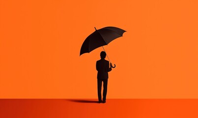  a man holding an umbrella in front of an orange background.  generative ai