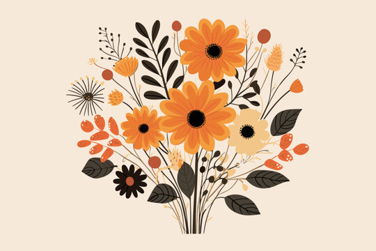 Doodle inspired Floral Arrangement, cartoon sticker, sketch, vector, Illustration