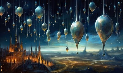 a painting of a castle with a bunch of hot air balloons.  generative ai