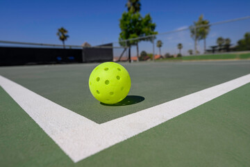 Closeup of a pickleball (whiffleball) on a sports court with white lines.