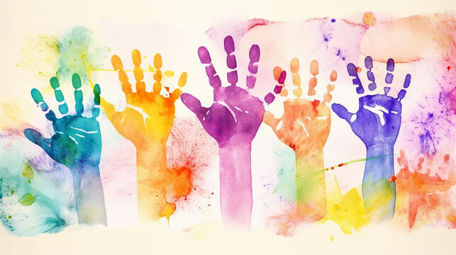 Kids hands colorful imprints on white background, watercolor, banner. Generative AI