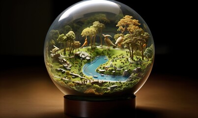  a glass ball with a picture of a landscape inside of it.  generative ai