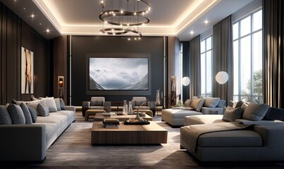  a living room with a large screen tv and couches.  generative ai