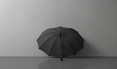  a black umbrella sitting on top of a floor next to a wall.  generative ai
