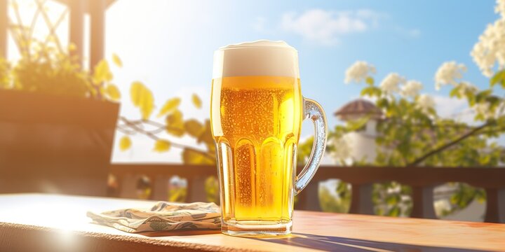 AI Generated. AI Generative. Beer mug glass cup on wooden table. Outdoor nature beer drink glass mockup decoration background. Graphic Art