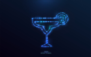 Starry drink. Stylized glass, bright outline with stars and blue light globes. Blue tropical cocktail. Symbol, light icon.