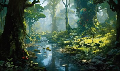  a painting of a river in a forest with lots of trees.  generative ai