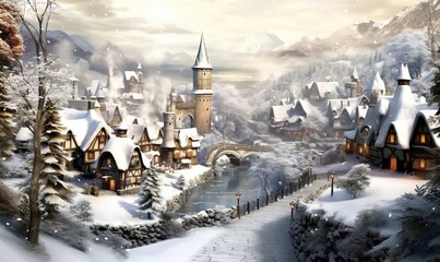  a painting of a snowy village with a bridge and a river.  generative ai
