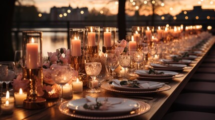 Wedding table setting. hall decoration with a lot of string lights and candles. festive table decor on the terrace, on the lake