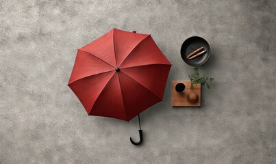  a red umbrella sitting on top of a cement floor next to a potted plant.  generative ai