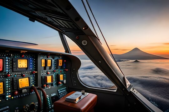  A photo of the interior of an airplane with pilot and copilot, view from inside on distant volcano at sunset