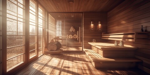 AI Generated. AI Generative. Home hotel luxury wooden sauna. indoor interior design relax spa decoration wellness care health. Graphic Art