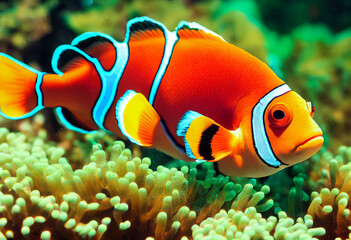 Naklejka na ściany i meble orange nice colorful small clownfish fish, generative AI