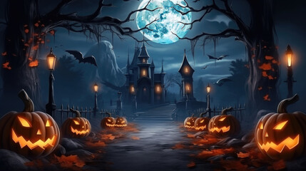 Spooky halloween pumpkins in night. Halloween background with jack o lantern in moonlight. Created with Generative AI