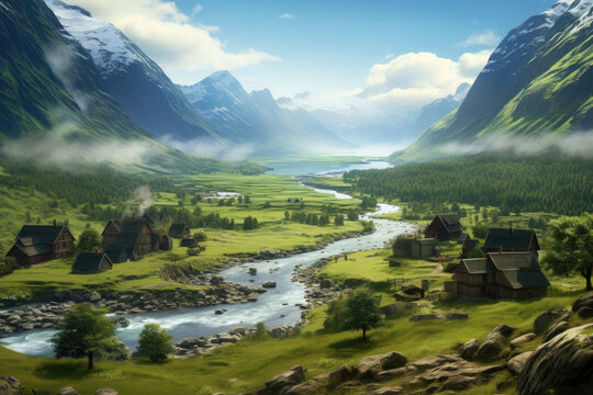 Green mountain valley with river. Beautiful landscape with village and fjords. Created with Generative AI