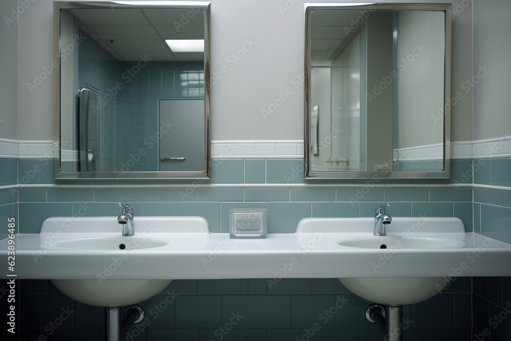 Poster public restroom with sinks faucets and mirror.