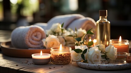 Obraz na płótnie Canvas Beauty treatment items for spa setting with candles Generative AI