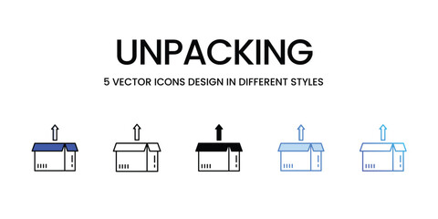 Unpacking Icon Design in Five style with Editable Stroke. Line, Solid, Flat Line, Duo Tone Color, and Color Gradient Line. Suitable for Web Page, Mobile App, UI, UX and GUI design.