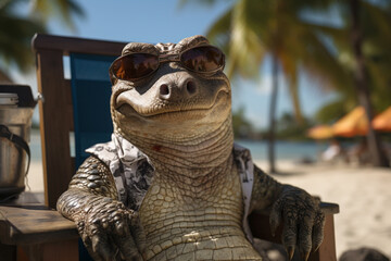 Vacation rest in hot country beach concept. Relaxed funny crocodile alligator in sunglasses sunbathing at seaside resort and wear Hawaiian shirt lounging on deck chair. Generative AI Technology - obrazy, fototapety, plakaty