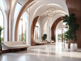 Interior design of modern entrance hall with arch. Created with generative AI