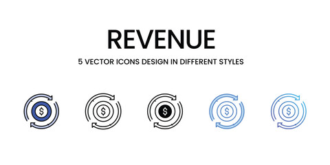 Revenue Icon Design in Five style with Editable Stroke. Line, Solid, Flat Line, Duo Tone Color, and Color Gradient Line. Suitable for Web Page, Mobile App, UI, UX and GUI design.