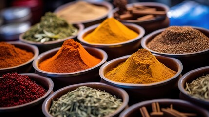 Spices in the spice market close view. Created with Generative Ai technology. - obrazy, fototapety, plakaty