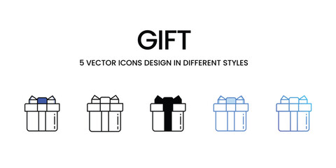 Gift Icon Design in Five style with Editable Stroke. Line, Solid, Flat Line, Duo Tone Color, and Color Gradient Line. Suitable for Web Page, Mobile App, UI, UX and GUI design.