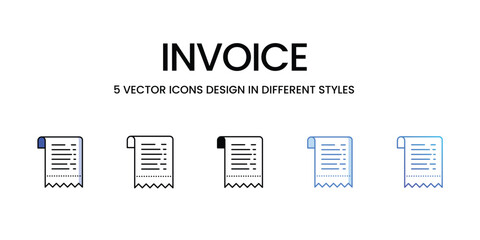 Invoice Icon Design in Five style with Editable Stroke. Line, Solid, Flat Line, Duo Tone Color, and Color Gradient Line. Suitable for Web Page, Mobile App, UI, UX and GUI design.