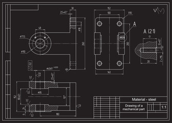 Vector drawing of a steel mechanical part with through holes.
Engineering cad scheme. Mechanic background.