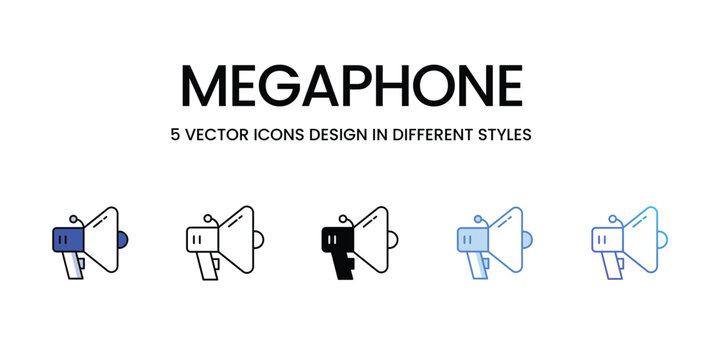 Megaphone Icon Design in Five style with Editable Stroke. Line, Solid, Flat Line, Duo Tone Color, and Color Gradient Line. Suitable for Web Page, Mobile App, UI, UX and GUI design.