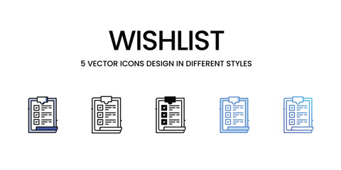 Wishlist Icon Design in Five style with Editable Stroke. Line, Solid, Flat Line, Duo Tone Color, and Color Gradient Line. Suitable for Web Page, Mobile App, UI, UX and GUI design.