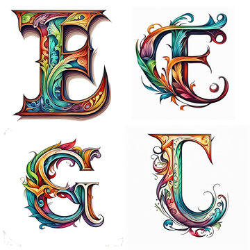 Vibrant multicolored letters in tattoo style, isolated on white. An eye-catching and expressive collection of alphabet art.