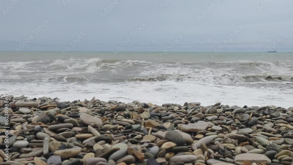 Poster sea with waves in cloudy weather.