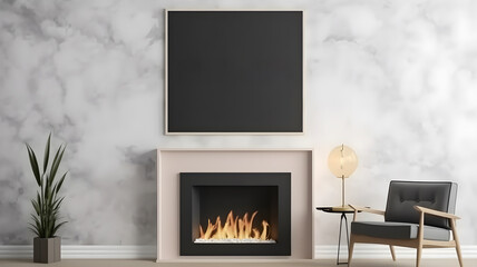 Mock up poster in modern home interior with fireplace, Scandinavian style, AI generated