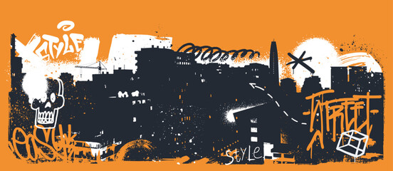 City skyline silhouette with dirty grunge texture, graffiti tags, scribbles, paint splatters. Abstract urban background. Ideal for banner, wall decor, cover. Vector illustration © alexandertrou