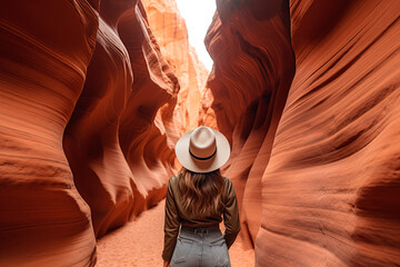 Woman traveler in a hat in an amazing gorge, natural landscape. View of the popular tourist canyon	
