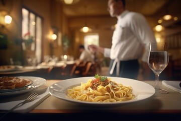 Fettucine served on a plate in an Italian restaurant - obrazy, fototapety, plakaty