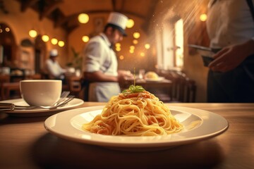 Fettucine served on a plate in an Italian restaurant
