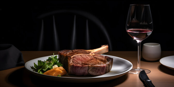 Beef Tibone stake in the restaurant, on dark background, AI generated