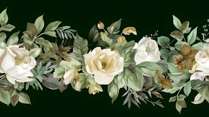 Watercolour background illustration with green gold leaves, white flowers, rose, peony on dark background. Ai generated