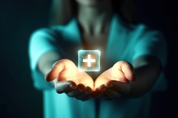A health worker holding a plus sign with her hands. Social security. Health insurance