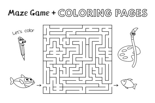 Cartoon Shark Maze Game. Vector Coloring Book Pages For Children