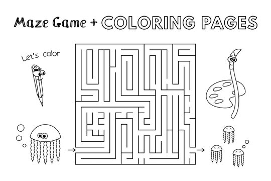 Cartoon jellyfish maze game. Vector coloring book pages for children