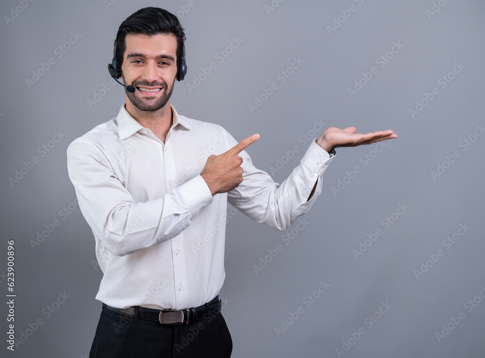 Aufkleber male call center operator wearing headset and formal suit finger pointing and hand holding gesture a