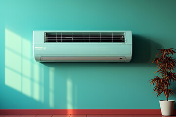 Close up shot of white air conditioner. AC hanging on pastel color wall with copy space for text mockup. Background. generative ai
