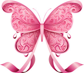 Pink butterfly with ribbon, breast cancer awareness decoration element
