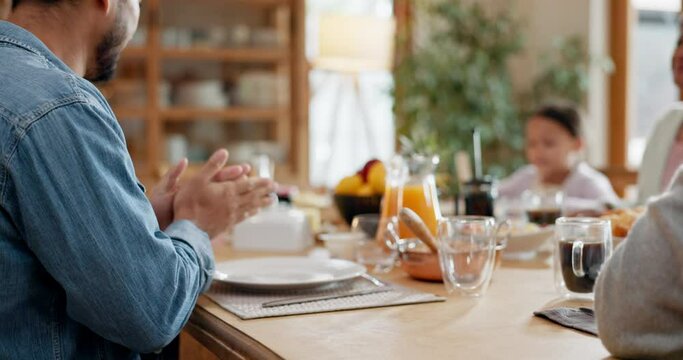 Holding hands, family praying and food for lunch at table in home with worship of gratitude, respect and thanks. Closeup, spiritual people and faith for prayer before eating dinner together in house